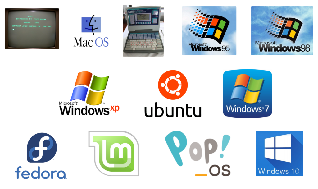 Logos for all desktop and server operating systems mentioned in this post. Top row: Apple DOS, Mac OS, VTech Pre Computer Power Pad, Windows 95, Windows 98. Middle row: Windows XP, Ubuntu, Windows 7. Bottom row: Fedora, Linux Mint, Pop!_OS, Windows 10.