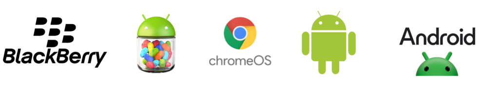 Logos for all mobile operating systems mentioned in this post. Left to right: Blackberry, Android 4.1 Jelly Bean, chromeOS, Android (generic), Android (recently redesigned logo)
